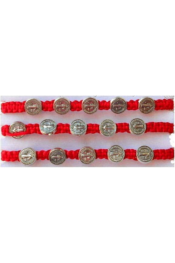 Red Saint Benedict Five Silver Tone Medal Adjustable Red Cord Wrist Bracelet (Set of 3)
