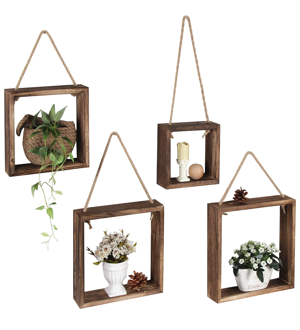 Brown Unfinished Wood Floating Square Shelves Set of 4