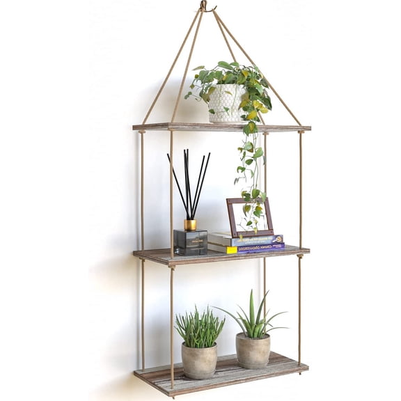 J JACKCUBE DESIGN Rustic Wood Hanging Shelves Set of 3 Farmhouse Bohemian Room Décor Floating Rope Display Shelf Plant Holder for Living Room Bedroom Kitchen Rope Shelves -MK555AAA