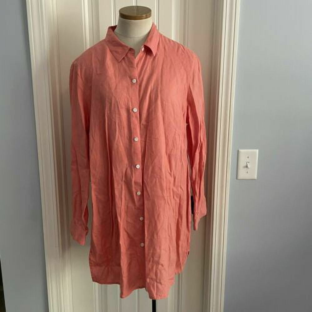 J JILL Women's SMALL Love 100% LINEN Long Sleeve Button Front Tunic Top  Coral Pre Owned 