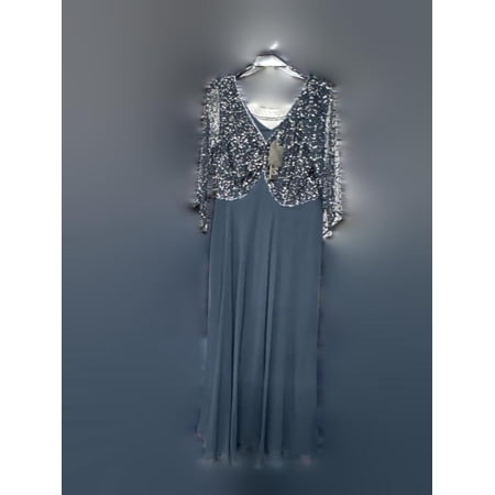 J Kara Women's 3/4 Sleeve Ruched Empire Waist Beaded Long Dress, Navy Multi, 16P