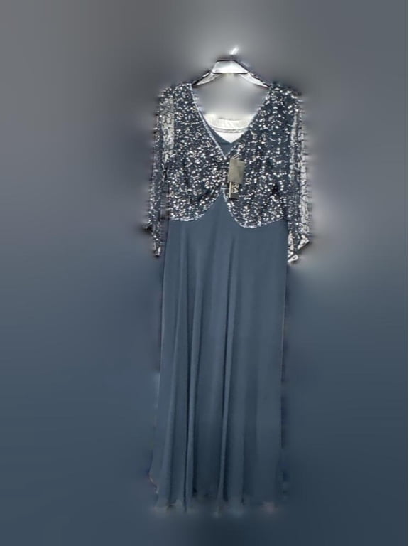 Women's 3/4 Sleeve Ruched Empire Waist Beaded Long Dress, Navy Multi, 16P
