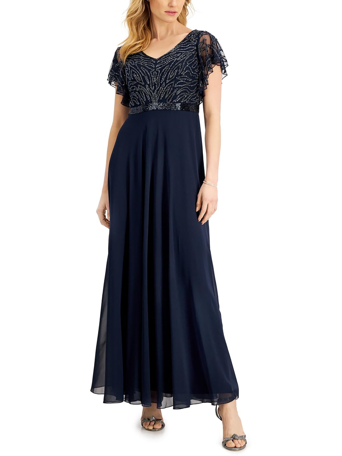 J Kara Women's Plus Size Beaded Flutter Sleeve Dress - V-Neck, Floor-Length, Handmade Beading, Formal Gown