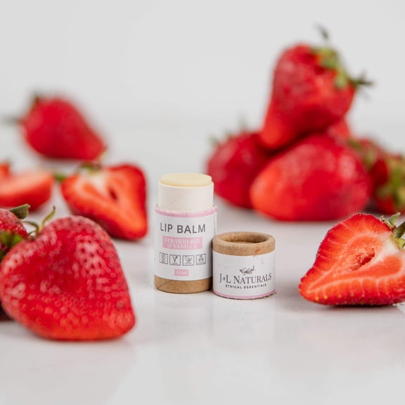 J&L Naturals Lip Balm - Strawberry & Vanilla - Vegan, Sustainable, Natural, Cruelty Free - 0.3oz (Single)