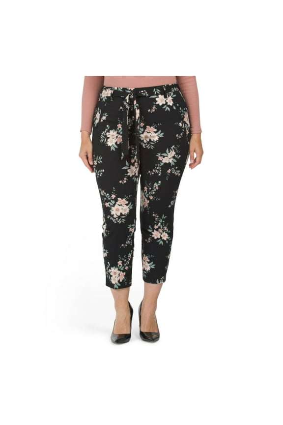 Women's Plus High Rise Floral Print Techno Crepe Tie Belt Pull On Pants-Black / 3X