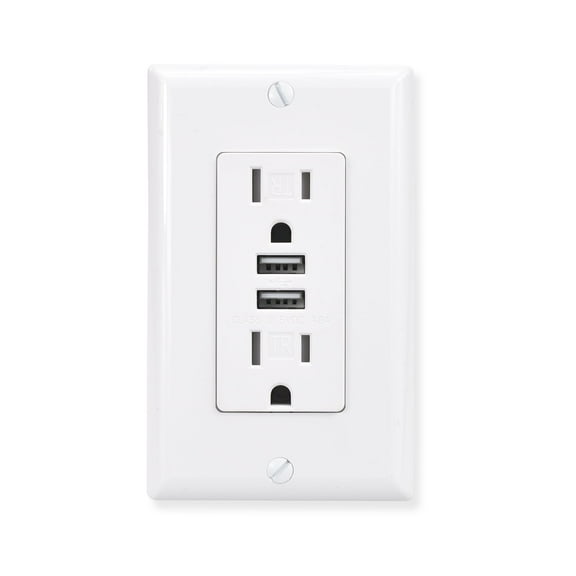 J.LUMI USB Wall Outlet Receptacle with Dual 4.8A USB Ports, 15 Amp Duplex Tamper Resistant Receptacle, Charging Power Outlet with USB Ports, Wall Plate Included, UL Listed, White