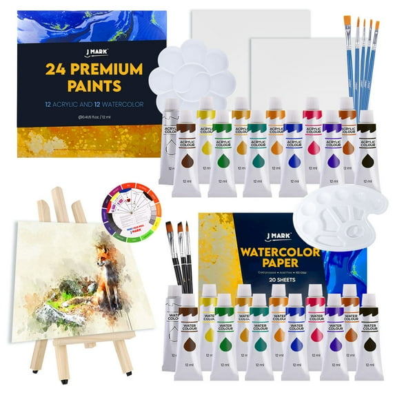 J MARK Acrylic & Watercolor Painting Kit – Complete Painting Set with Watercolor Kit, Acrylic & Watercolor Paint Tubes, Wood Easel, Watercolor Paper, Canvas Painting Kit & More
