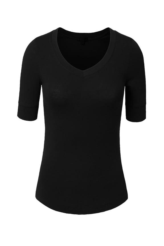 Girl's Junior Basic Casual 3/4 Elbow Half Length Sleeve Active V-Neck Uniform T-Shirt NEGT23 Black M