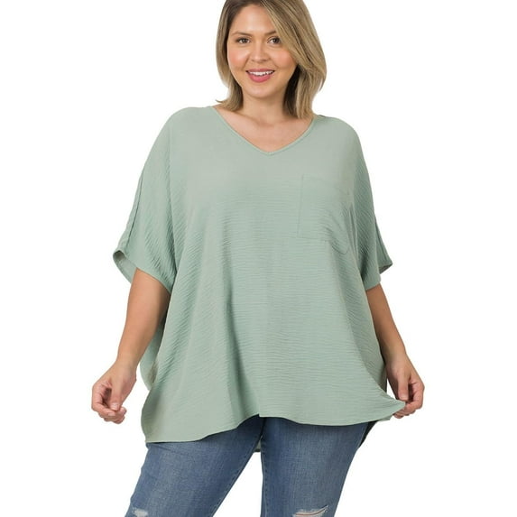 J. METHOD Women's Tunic Top - Woven Airflow V-neck Dolman Short Sleeve T Shirts with Chest Pocket
