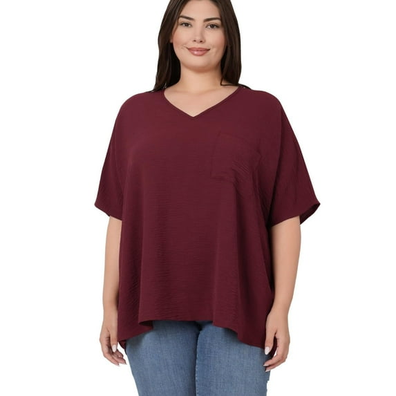 J. METHOD Women's Tunic Top - Woven Airflow V-neck Dolman Short Sleeve T Shirts with Chest Pocket