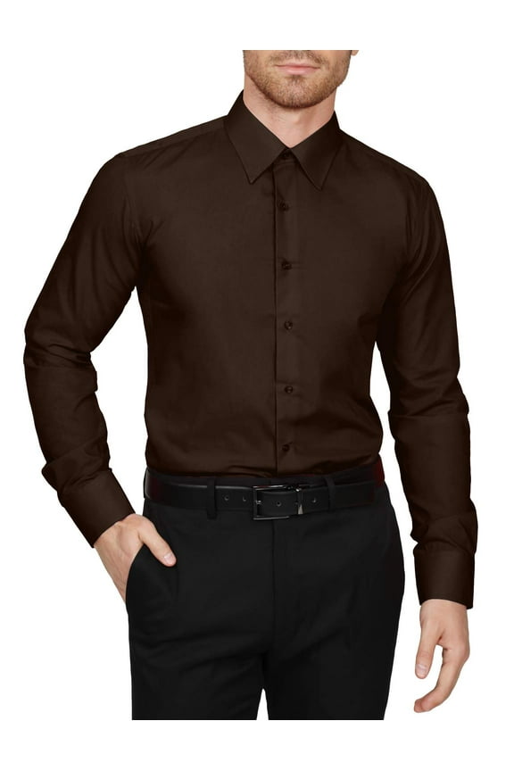 Men's Dress Shirt  Classic Long Sleeve Slim Fit Button Down Solid Color Top S-5XL NEMT104 Brown L 32/33