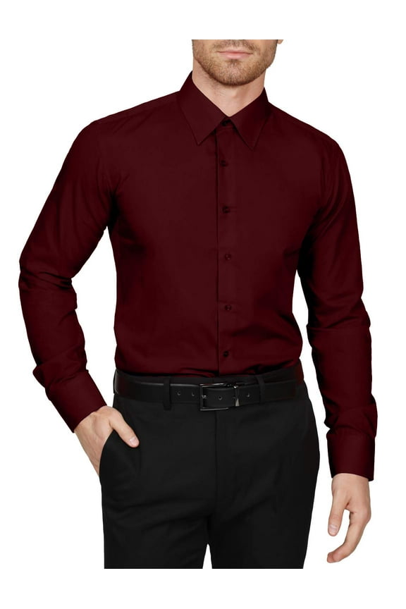 Men's Dress Shirt – Classic Long Sleeve Slim Fit Button Down Solid Color Top S-5XL NEMT104 Burgundy 2X 36/37