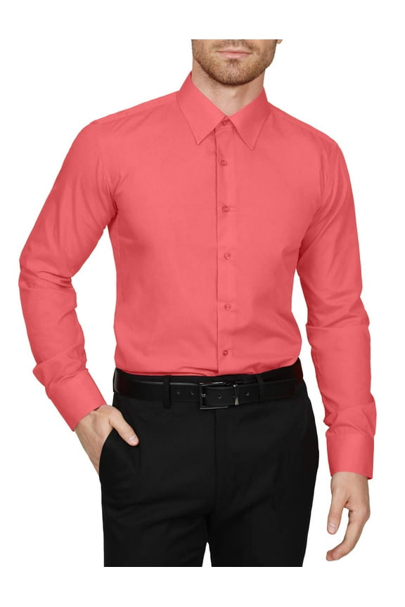 Men's Dress Shirt  Classic Long Sleeve Slim Fit Button Down Solid Color Top S-5XL NEMT104 Coral L 32/33