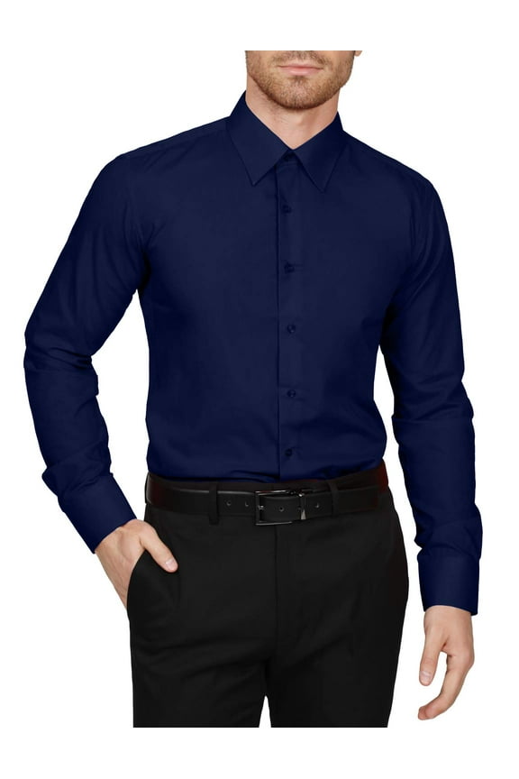 Men's Dress Shirt  Classic Long Sleeve Slim Fit Button Down Solid Color Top S-5XL NEMT104 Navy M 32/33