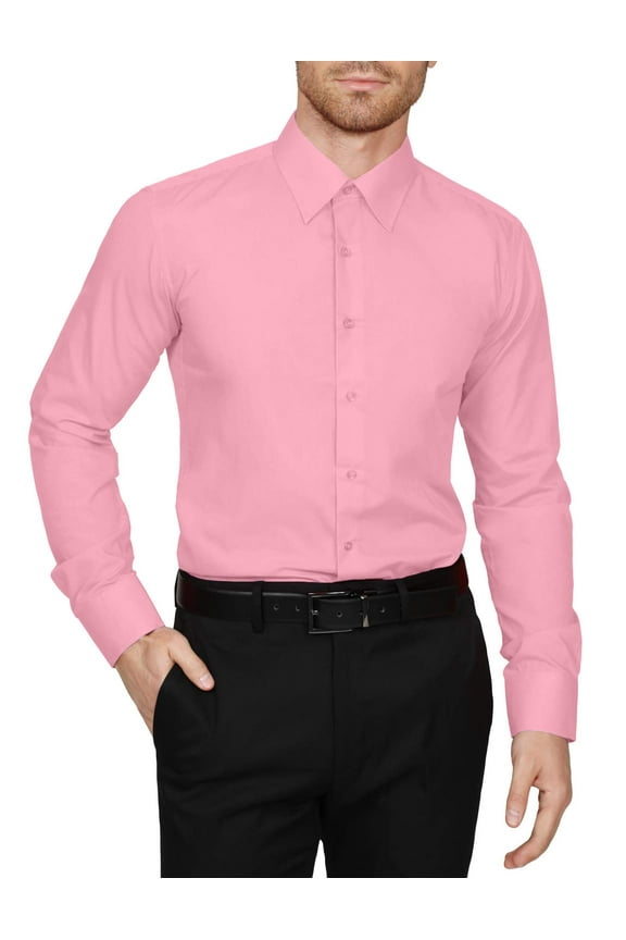 Men's Dress Shirt  Classic Long Sleeve Slim Fit Button Down Solid Color Top S-5XL NEMT104 Pink 2X 36/37