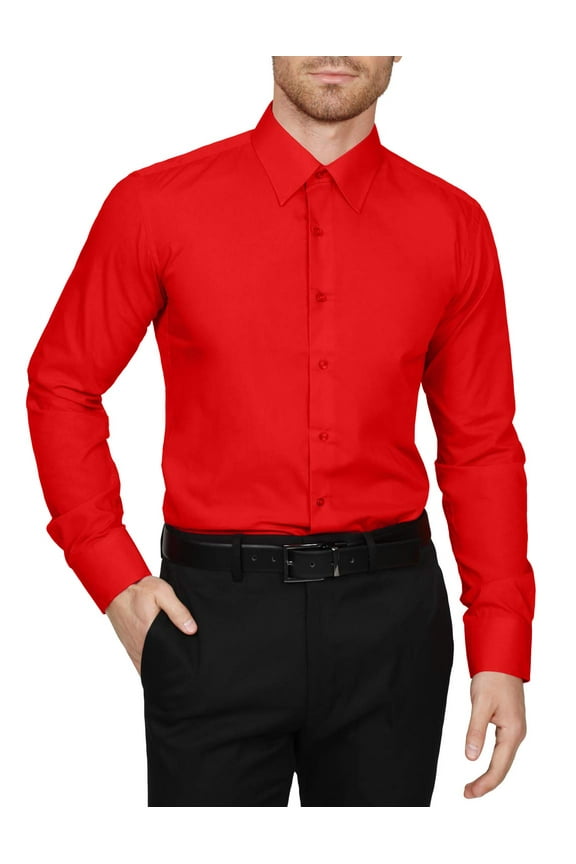 Men's Dress Shirt  Classic Long Sleeve Slim Fit Button Down Solid Color Top S-5XL NEMT104 Red M 32/33
