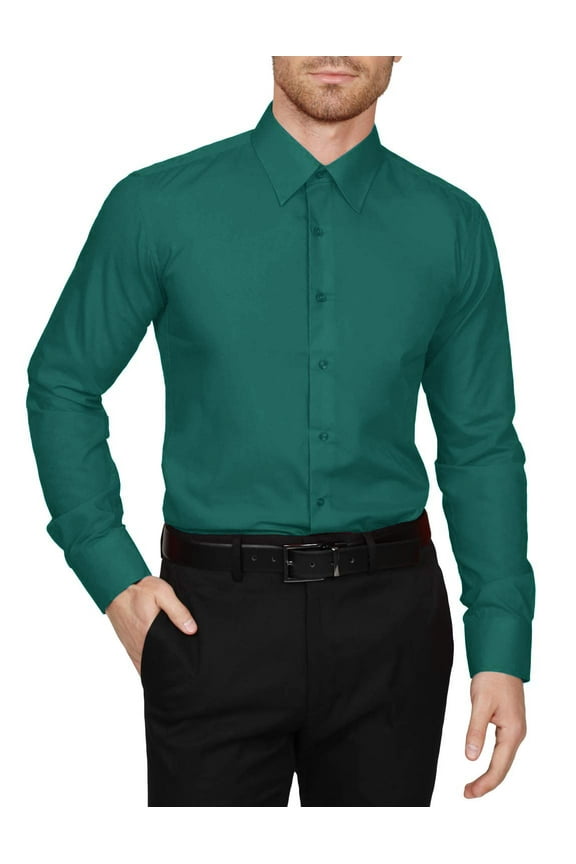Men's Dress Shirt  Classic Long Sleeve Slim Fit Button Down Solid Color Top S-5XL NEMT104 Teal 2X 36/37