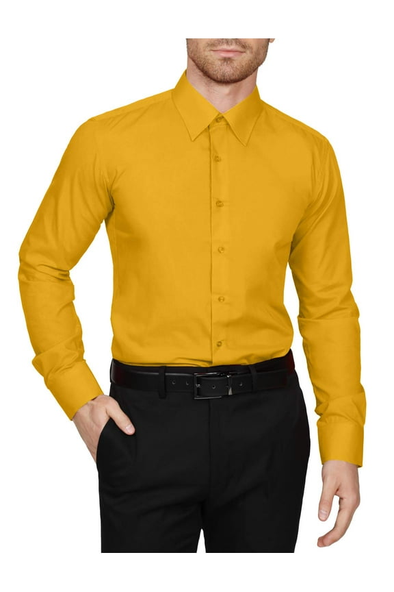 Men's Dress Shirt  Classic Long Sleeve Slim Fit Button Down Solid Color Top S-5XL NEMT104 Yellow 2X 36/37