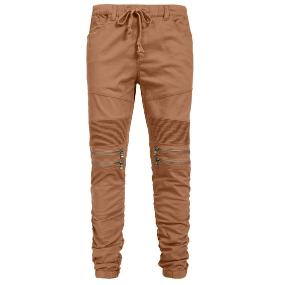 J. METHOD Men’s Jogger Pants Casual Moto Biker Zipper Slim Fit French Terry Fleece Tapered Leg Elastic Waist NEMP20 Wheat M