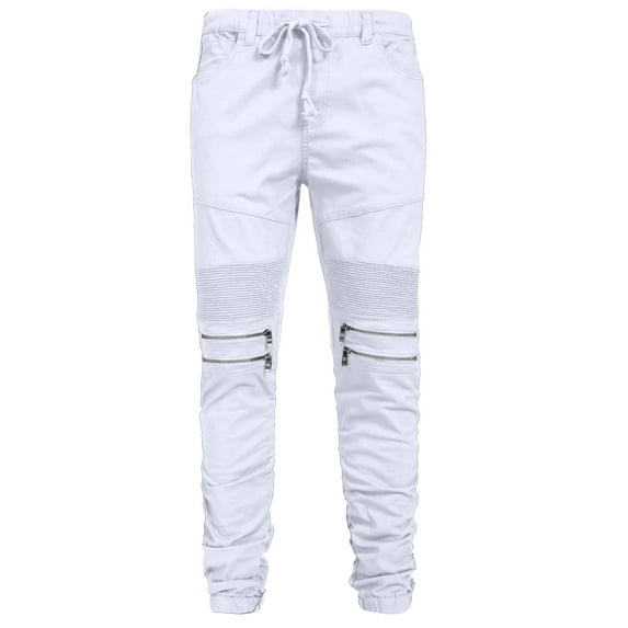 J. METHOD Men’s Jogger Pants Casual Moto Biker Zipper Slim Fit French Terry Fleece Tapered Leg Elastic Waist NEMP20 White 2XL