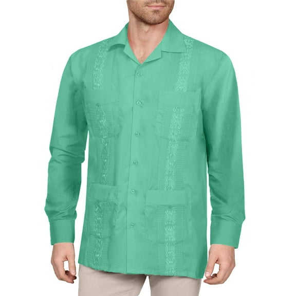 J. METHOD Men's Long Sleeve Cuban Guayabera Shirt Short Sleeve Button Down Classic Embroidered 4 Pockets Casual Top NEMT118 Aqua 2XL