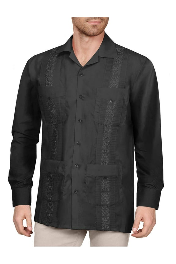 Men's Long Sleeve Cuban Guayabera Shirt Short Sleeve Button Down Classic Embroidered 4 Pockets Casual Top NEMT118 Black 2XL