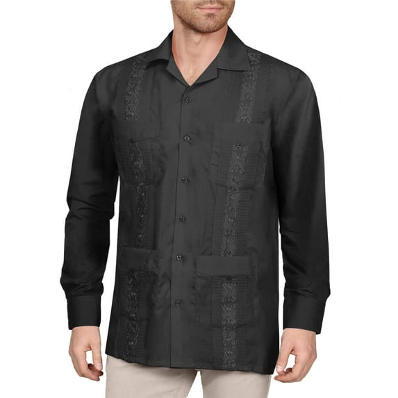 J. METHOD Men's Long Sleeve Cuban Guayabera Shirt Short Sleeve Button Down Classic Embroidered 4 Pockets Casual Top NEMT118 Black S