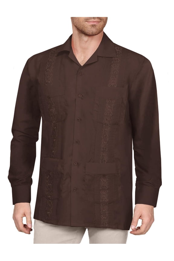 Men's Long Sleeve Cuban Guayabera Shirt Button Down Classic Embroidered 4 Pockets Casual Top NEMT118 Brown S
