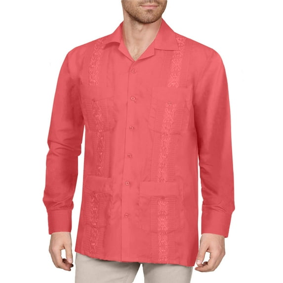 J. METHOD Men's Long Sleeve Cuban Guayabera Shirt Short Sleeve Button Down Classic Embroidered 4 Pockets Casual Top NEMT118 Coral 4XL