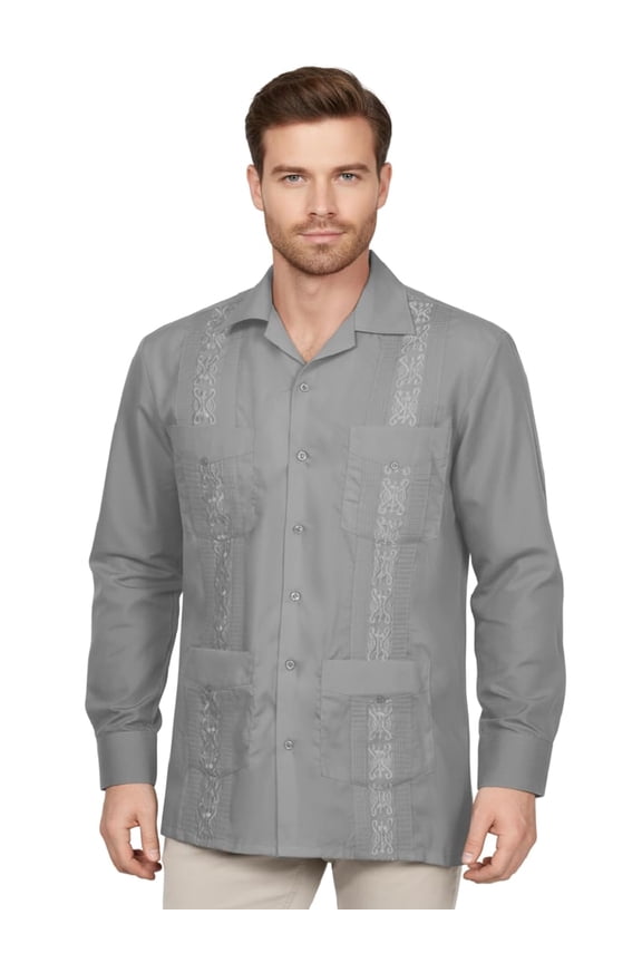 Men's Long Sleeve Cuban Guayabera Shirt Short Sleeve Button Down Classic Embroidered 4 Pockets Casual Top NEMT118 Light Grey L