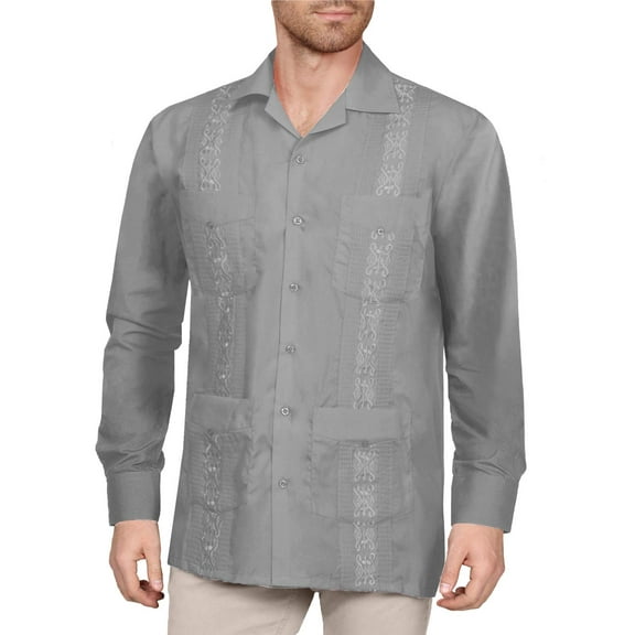 J. METHOD Men's Long Sleeve Cuban Guayabera Shirt Short Sleeve Button Down Classic Embroidered 4 Pockets Casual Top NEMT118 Light Grey XL
