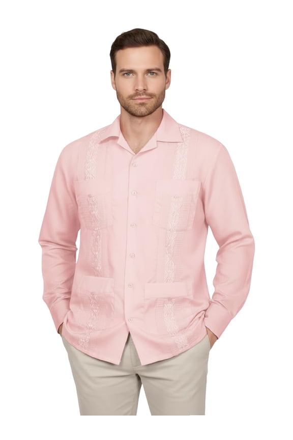 Men's Long Sleeve Cuban Guayabera Shirt Short Sleeve Button Down Classic Embroidered 4 Pockets Casual Top NEMT118 Pink XL