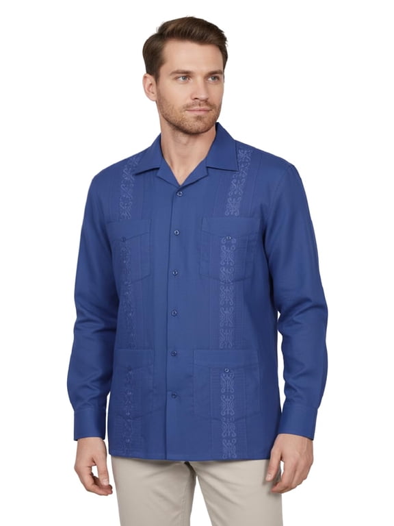 Men's Long Sleeve Cuban Guayabera Shirt Short Sleeve Button Down Classic Embroidered 4 Pockets Casual Top NEMT118 Royal Blue XL