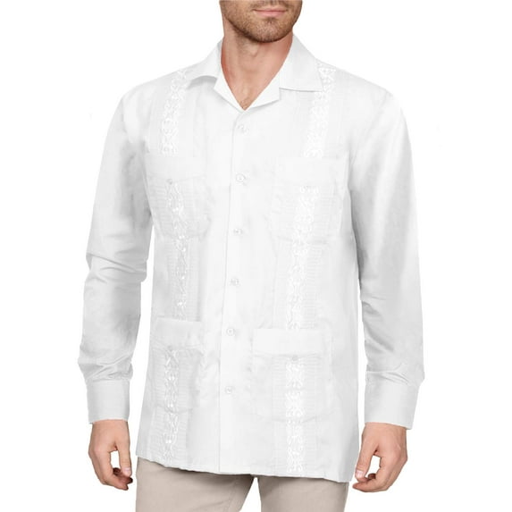 J. METHOD Men's Long Sleeve Cuban Guayabera Shirt Short Sleeve Button Down Classic Embroidered 4 Pockets Casual Top NEMT118 White M