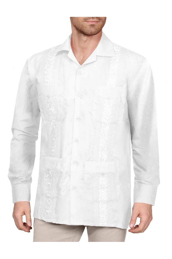 Men's Long Sleeve Cuban Guayabera Shirt Short Sleeve Button Down Classic Embroidered 4 Pockets Casual Top NEMT118 White M