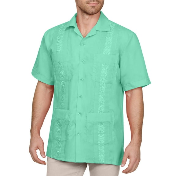 J. METHOD Men's Short Sleeve Cuban Guayabera Button Down Shirts Classic Embroidered 4 Pockets Casual Top NEMT112 Aqua 4XL