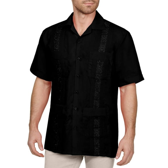 J. METHOD Men's Short Sleeve Cuban Guayabera Button Down Shirts Classic Embroidered 4 Pockets Casual Top NEMT112 Black L