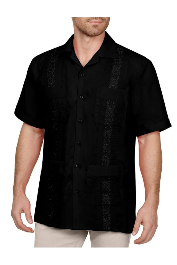 Men's Short Sleeve Cuban Guayabera Button Down Shirts Classic Embroidered 4 Pockets Casual Top NEMT112 Black XL