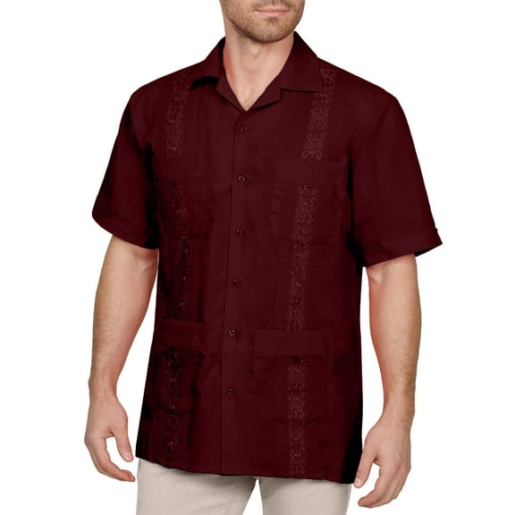 J. METHOD Men's Short Sleeve Cuban Guayabera Button Down Shirts Classic Embroidered 4 Pockets Casual Top NEMT112 Burgundy M