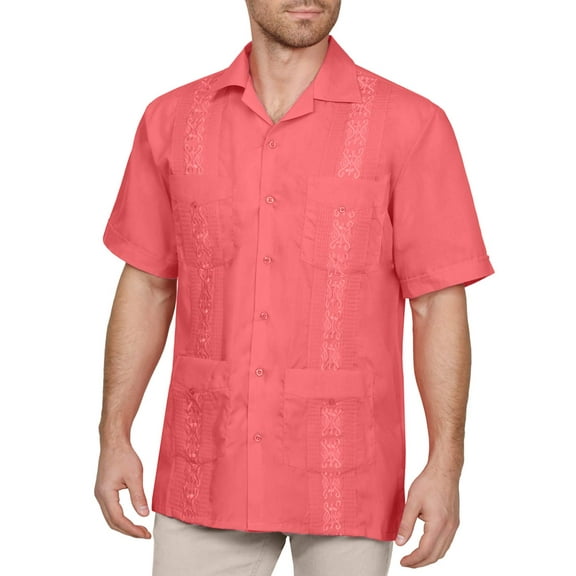 J. METHOD Men's Short Sleeve Cuban Guayabera Button Down Shirts Classic Embroidered 4 Pockets Casual Top NEMT112 Coral 4XL