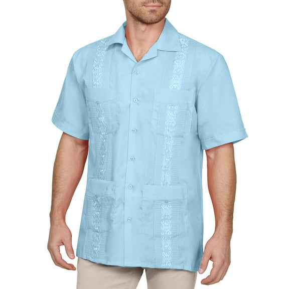 J. METHOD Men's Short Sleeve Cuban Guayabera Button Down Shirts Classic Embroidered 4 Pockets Casual Top NEMT112 Light Blue 4XL