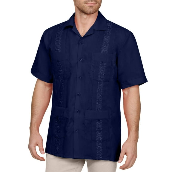 J. METHOD Men's Short Sleeve Cuban Guayabera Button Down Shirts Classic Embroidered 4 Pockets Casual Top NEMT112 Navy XL