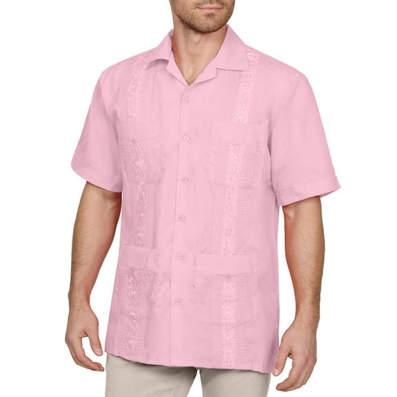 J. METHOD Men's Short Sleeve Cuban Guayabera Button Down Shirts Classic Embroidered 4 Pockets Casual Top NEMT112 Pink 3XL