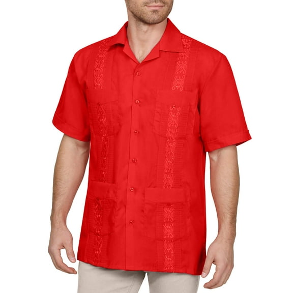 J. METHOD Men's Short Sleeve Cuban Guayabera Button Down Shirts Classic Embroidered 4 Pockets Casual Top NEMT112 Red L