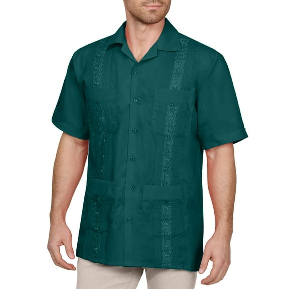 J. METHOD Men's Short Sleeve Cuban Guayabera Button Down Shirts Classic Embroidered 4 Pockets Casual Top NEMT112 Teal M