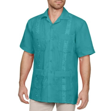 J. METHOD Men's Short Sleeve Cuban Guayabera Button Down Shirts Classic Embroidered 4 Pockets Casual Top NEMT112 Turquoise 2XL