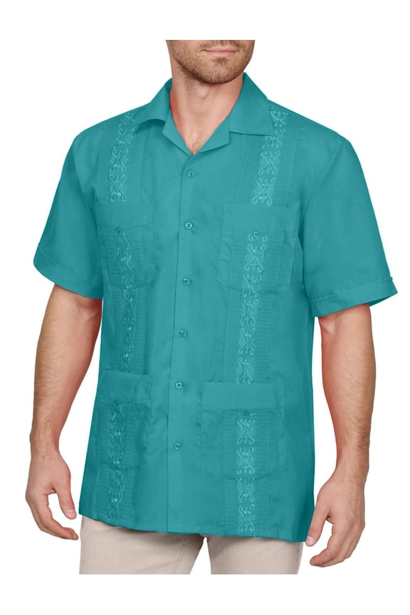 Men's Short Sleeve Cuban Guayabera Button Down Shirts Classic Embroidered 4 Pockets Casual Top NEMT112 Turquoise XS