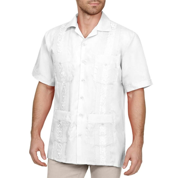 J. METHOD Men's Short Sleeve Cuban Guayabera Button Down Shirts Classic Embroidered 4 Pockets Casual Top NEMT112 White S