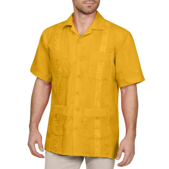 J. METHOD Men's Short Sleeve Cuban Guayabera Button Down Shirts Classic Embroidered 4 Pockets Casual Top NEMT112 Yellow 2XL