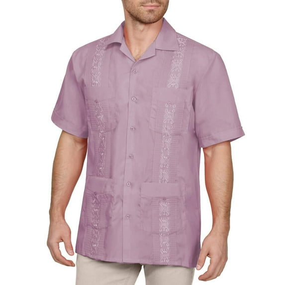 J. METHOD Men's Short Sleeve Cuban Guayabera Shirt Button Down Classic Embroidered 4 Pockets Casual Top NEMT112 Lilac 2XL